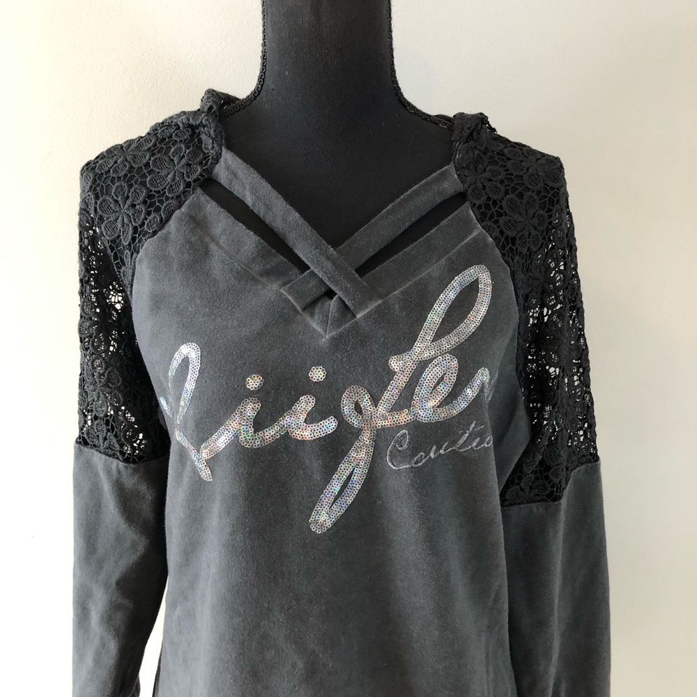 Women’s Rufen Charcoal Gray & Black Lace detail Sweatshirt size L - Picture 2 of 10